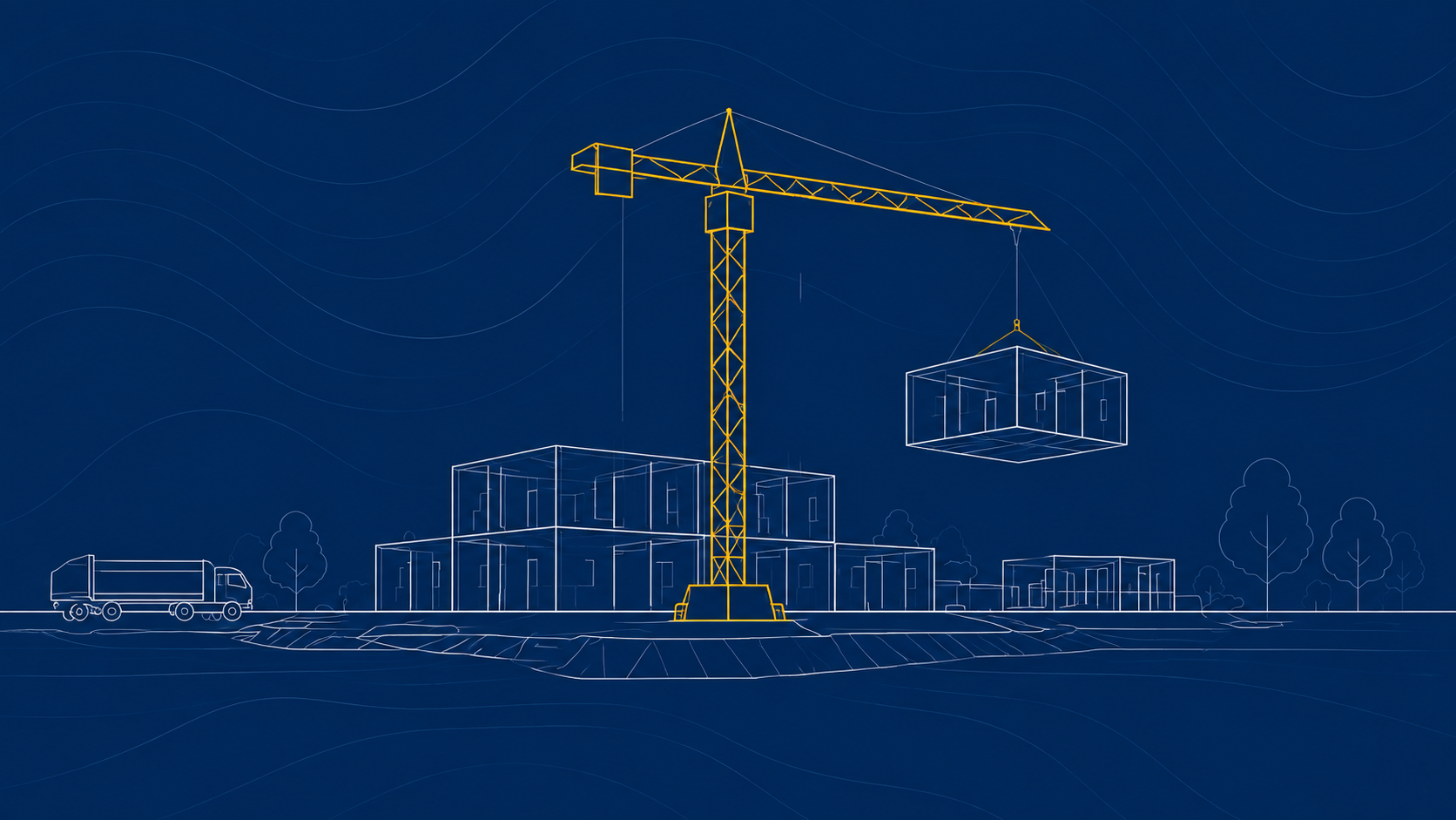 Lijntekening van een bouwplaats waar een hijskraan een prefab woonmodule plaatst